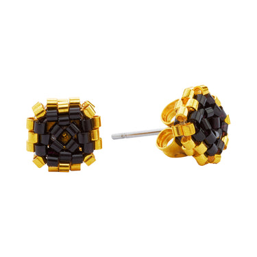 Aretes Diamantes 1 Redondo Dorado Cortos Negro